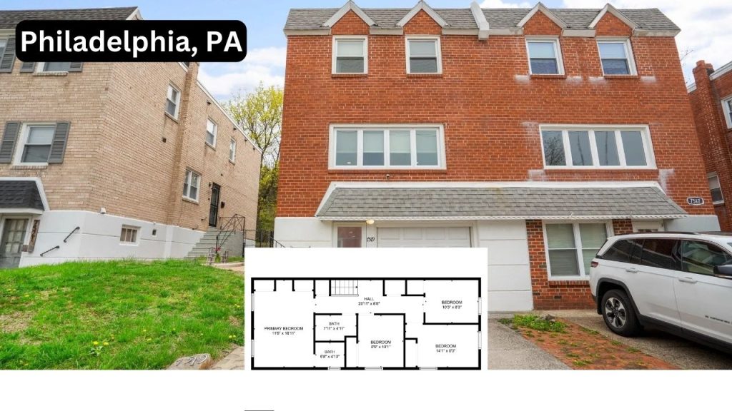 Three-story red brick home in Philadelphia with driveway and front windows.