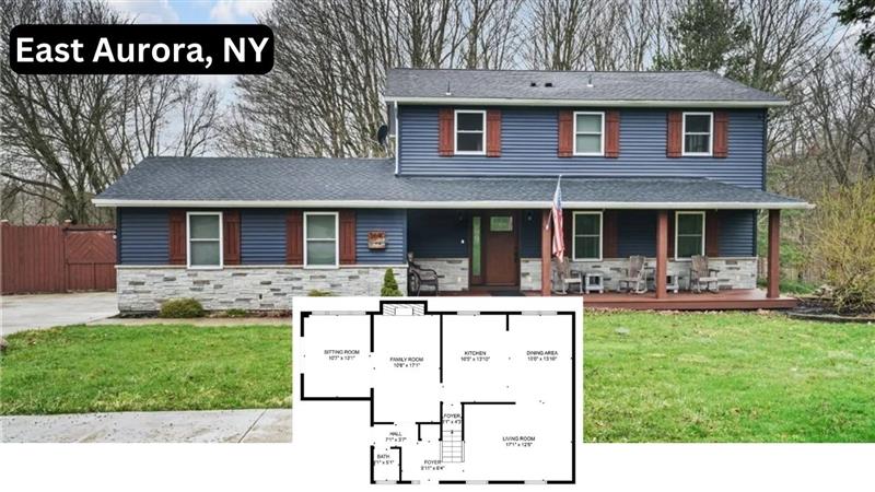 Blue two-story house in East Aurora, NY with front porch and floor plan overlay.