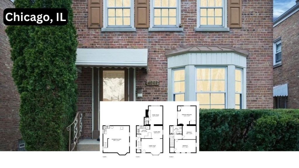 Georgian-style brick home with bay windows and floor plan layout.
