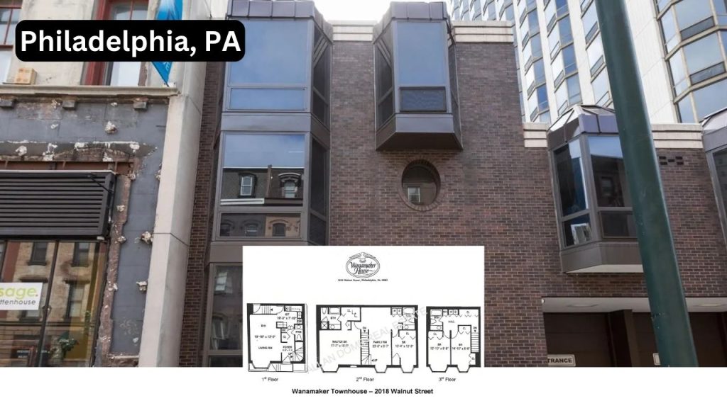 Exterior view of a modern brick townhouse with large bay windows in downtown Philadelphia, featuring a floor plan overlay.