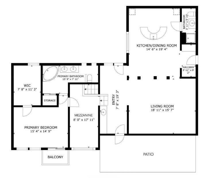 Floor plan showing primary suite, kitchen, living room, patio, and mezzanine.