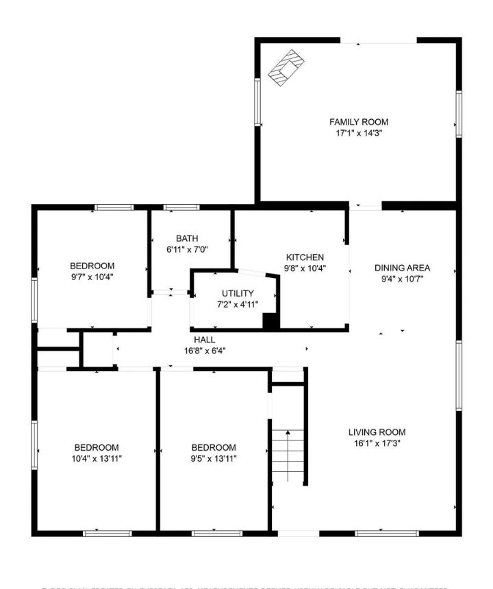 Black-and-white floor plan of a single-story home with living room, kitchen, dining area, three bedrooms, and a family room.