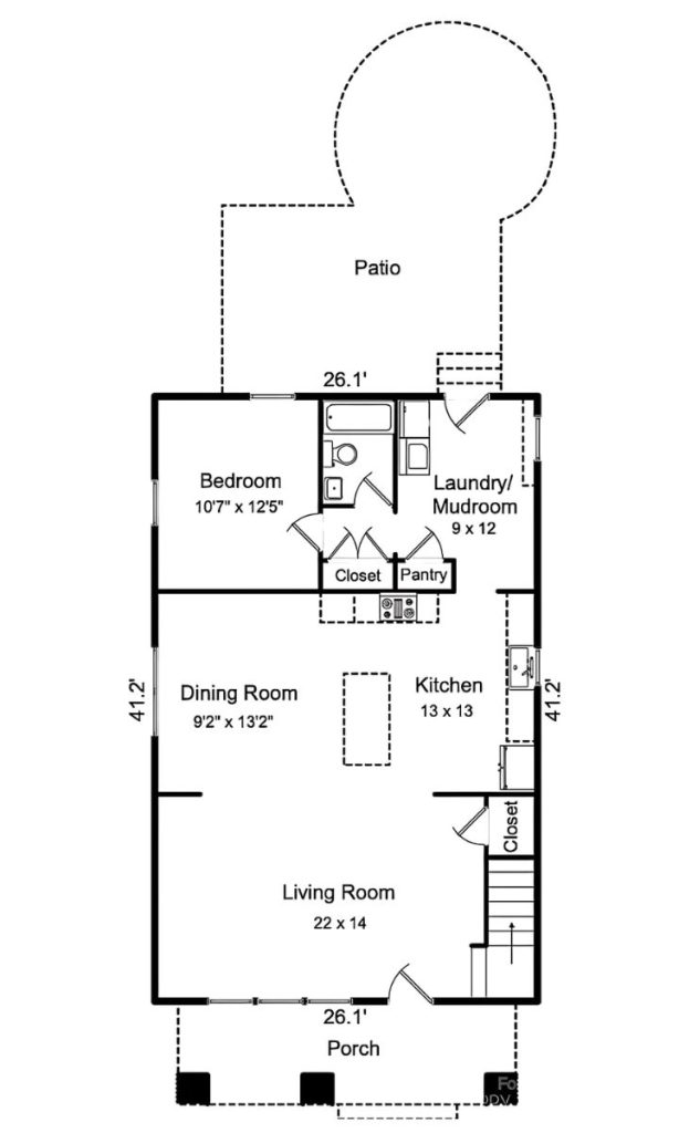 Single-bedroom house floor plan with open kitchen, dining, and living areas, plus rear patio and front porch.