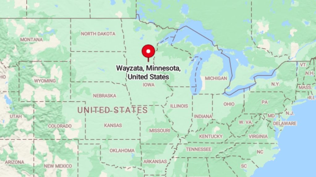 A map highlighting Wayzata, Minnesota, marked with a red pin in the northern United States.
