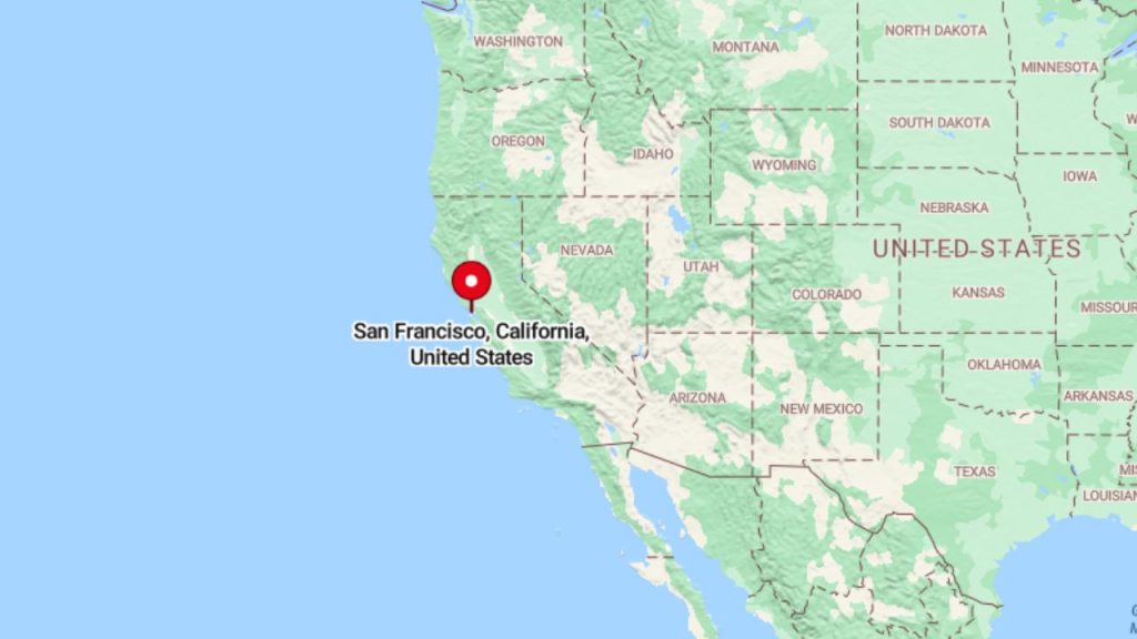 A map highlighting San Francisco, California, with a red pin marking its location along the U.S. West Coast.