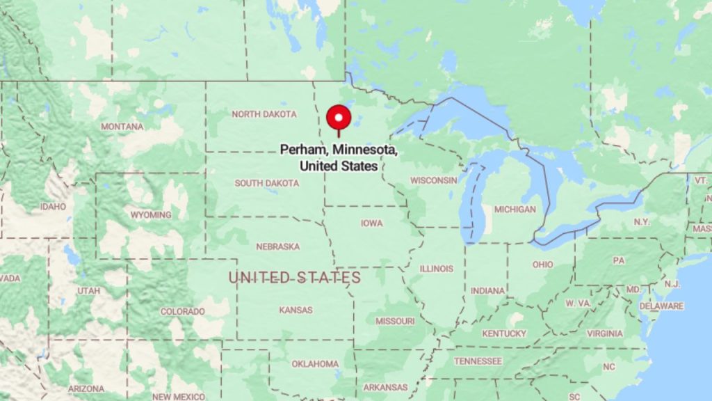 A map highlighting Perham, Minnesota, in the United States.