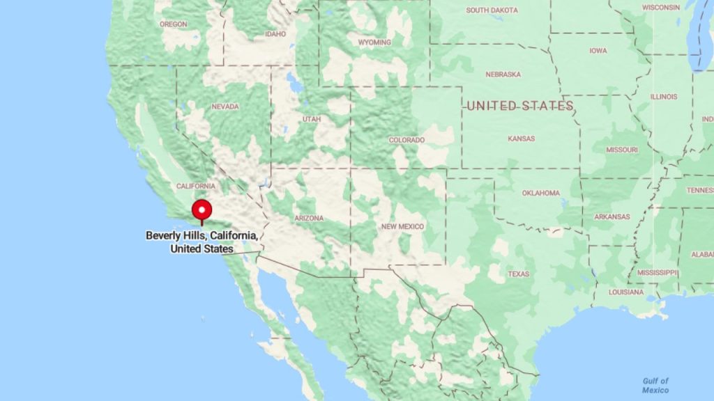 A map highlighting Beverly Hills, California, marked with a red pin in the western United States.