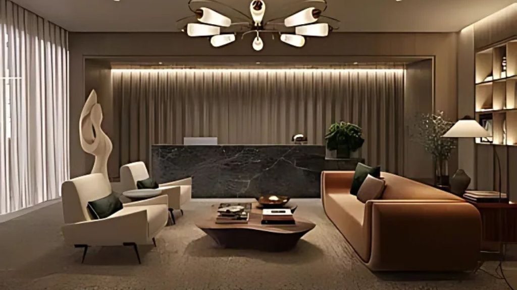 A chic living area with a marble desk, modern chandelier, and cozy armchairs, accented by plants and art.