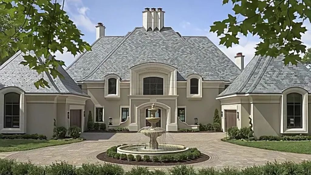 A luxurious colonial-style home with a slate roof, arched windows, and a central fountain, surrounded by lush greenery on a 1.22-acre lot.