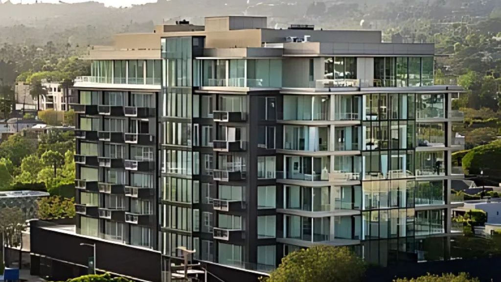 Modern glass condominium with hillside views in Los Angeles.