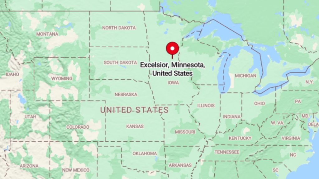 A map highlighting Excelsior, Minnesota, on the shores of Lake Minnetonka.