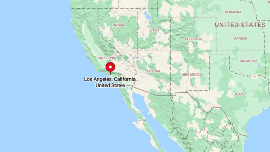 A map highlighting Los Angeles, California, with a red pin marking its location along the Pacific coast in the southwestern United States.
