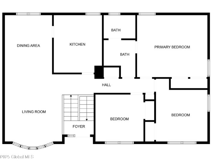 Floor plan of a three-bedroom home with open kitchen and dining area.