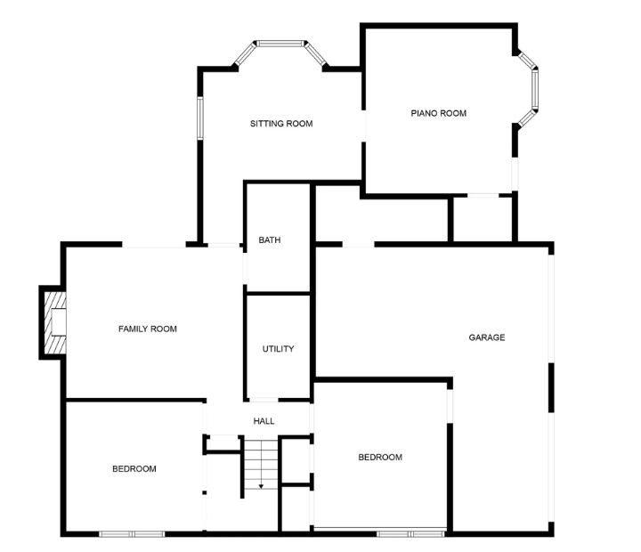 Lower floor plan with family room, bedrooms, sitting room, and piano room.