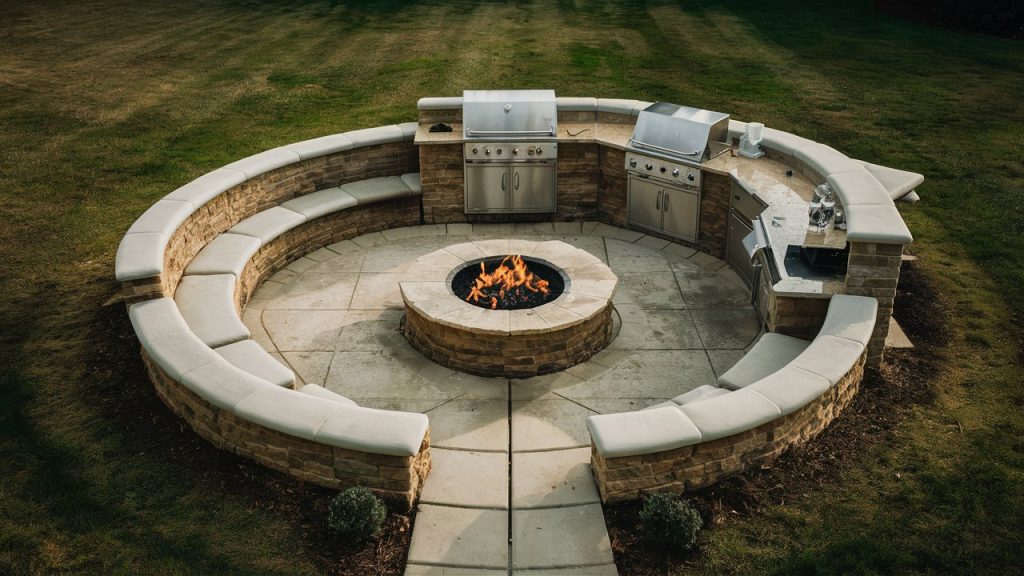  spacious backyard featuring a central fire pit surrounded by stone seating,