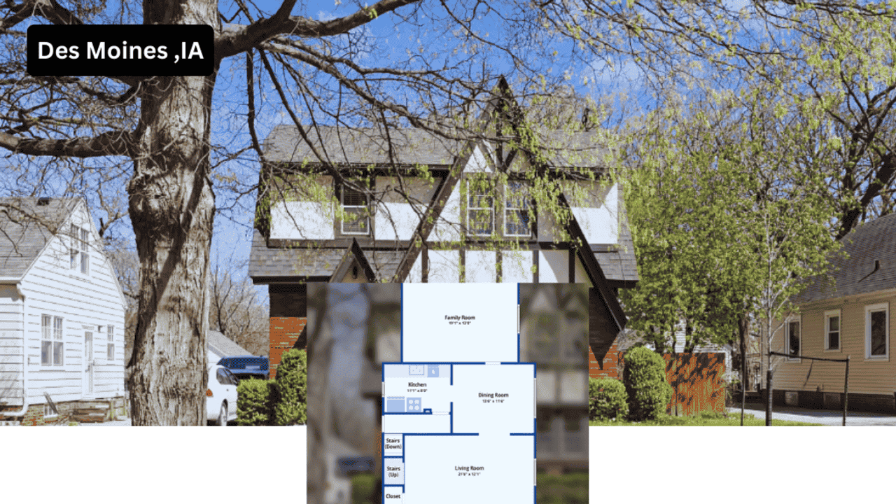 Unique 1931 Tudor Property in Des Moines, IA with a Large Fenced-In Yard Perfect for Outdoor Activities (Floor Plan Inside)