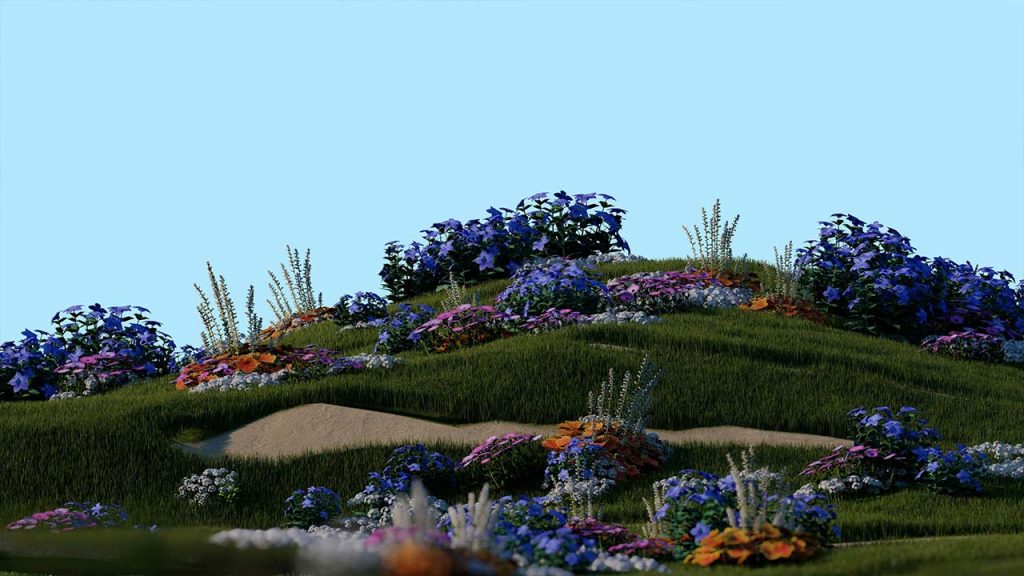 A computer generated image of a hill with flowers growing on it
