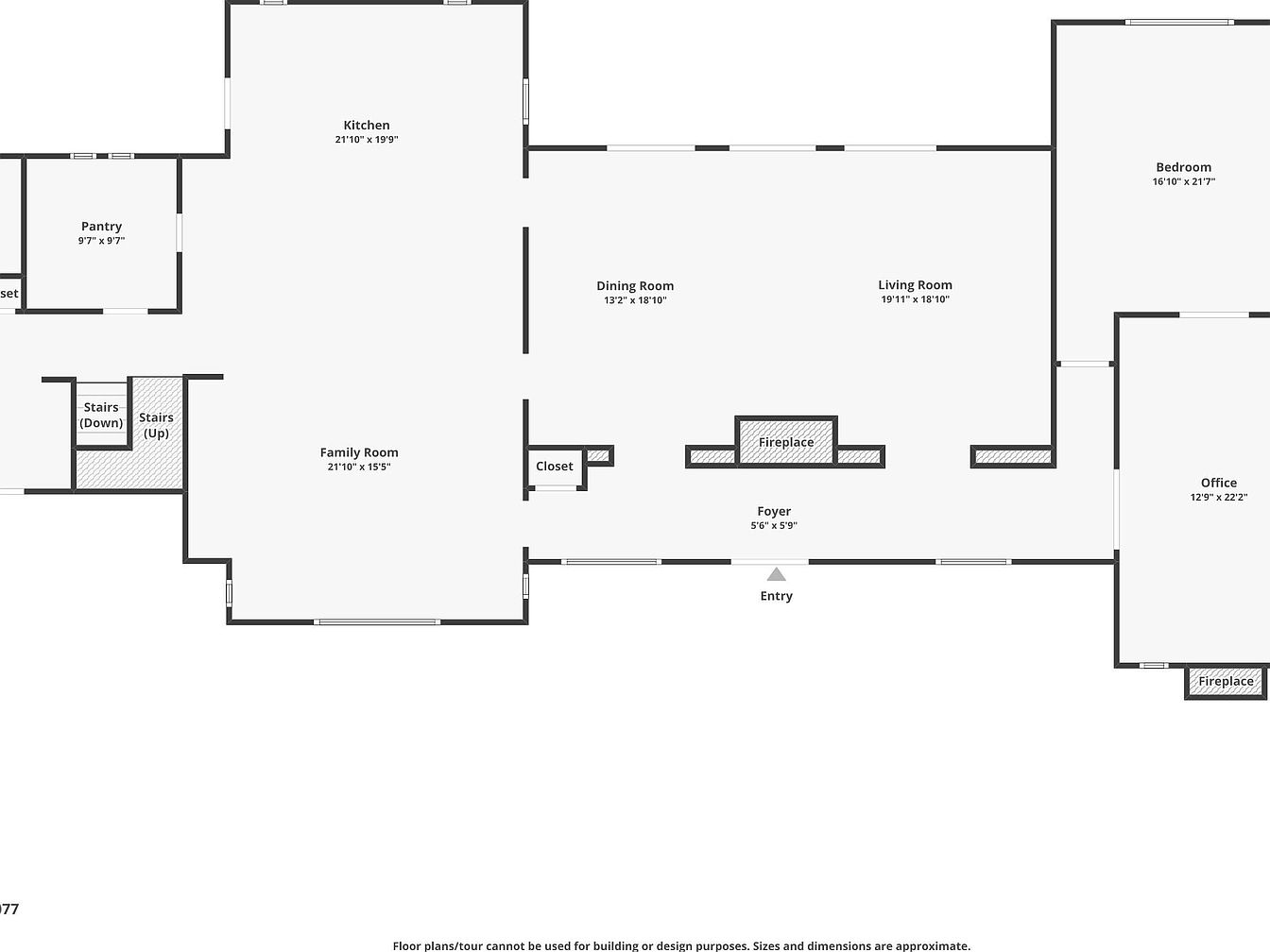 Floor plan of main level including kitchen, dining, living room, family room, bedroom, office, pantry, and foyer