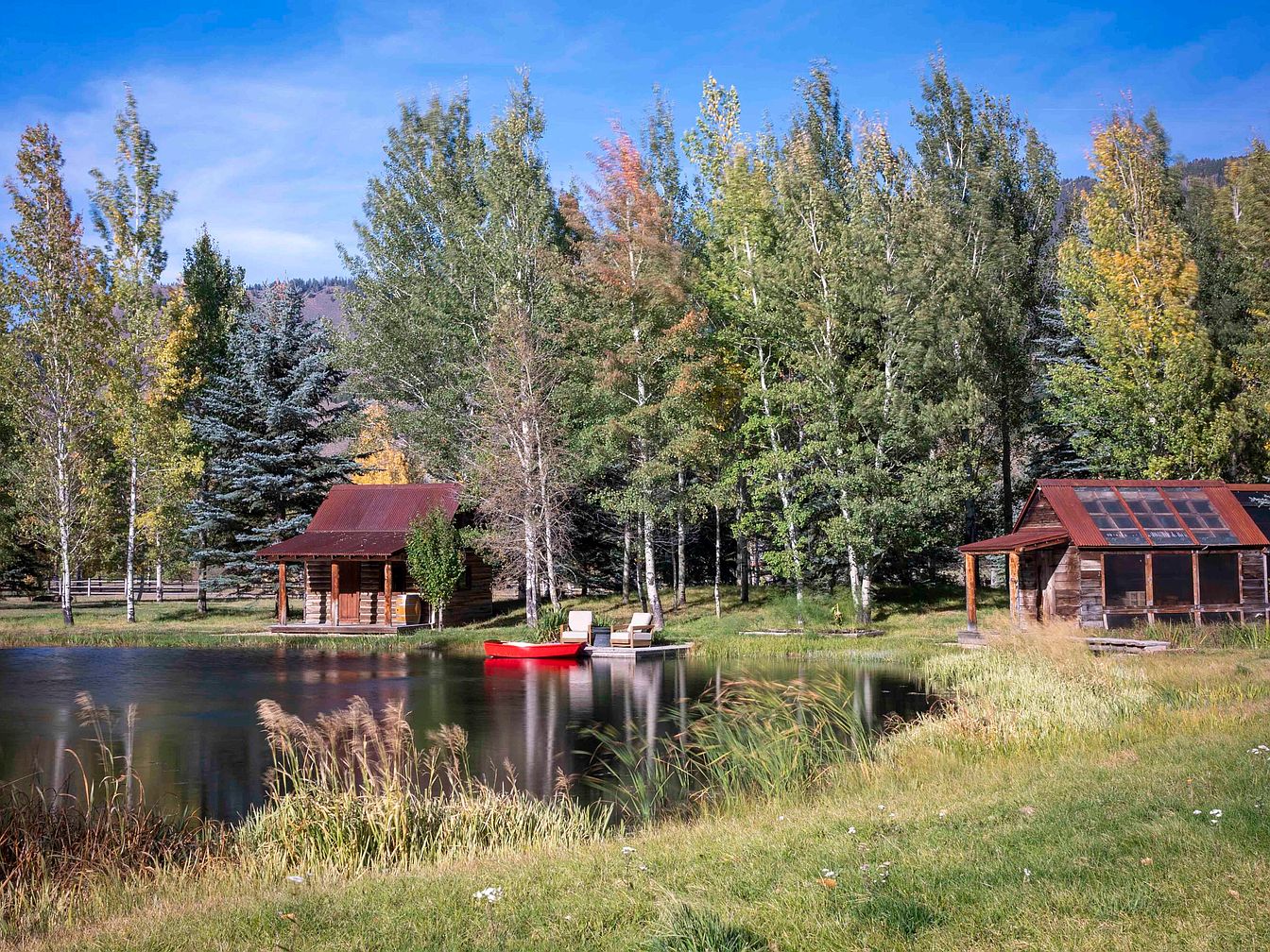 Backyard pond with cabins and trees